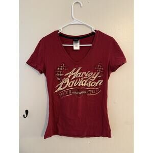 Harley Davidson Michigan City IN Women’s Red V Neck T Shirt Small Biker